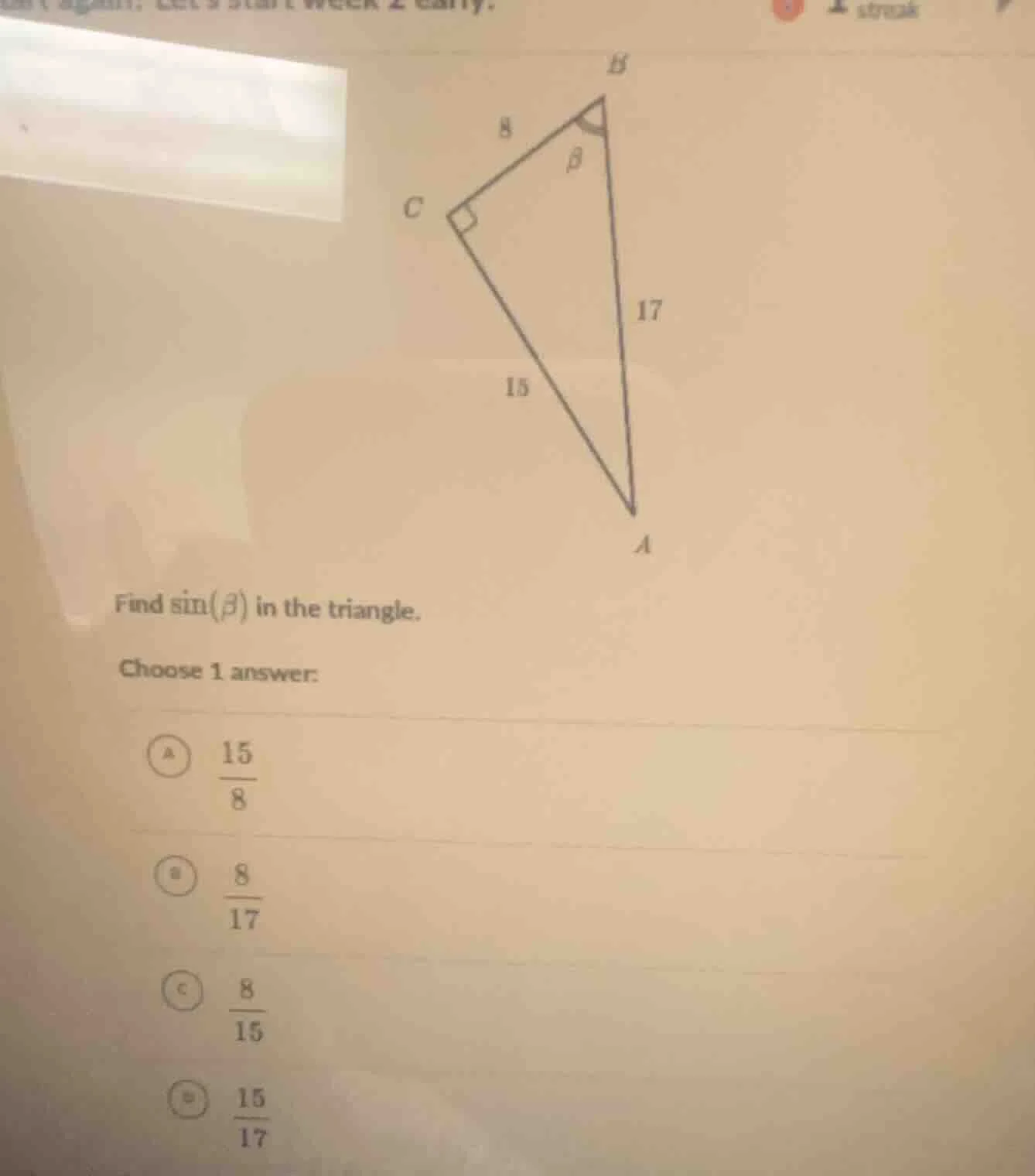 find \\(\\sin(\\beta)\\) in the triangle. choose 1 answer: a \\(\\dfrac…