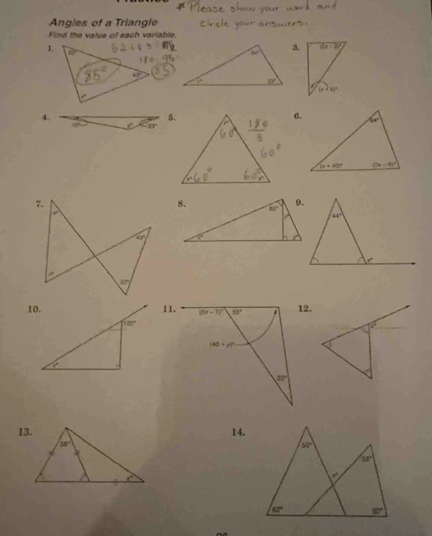 angles of a triangle find the value of each variable. *please show your…