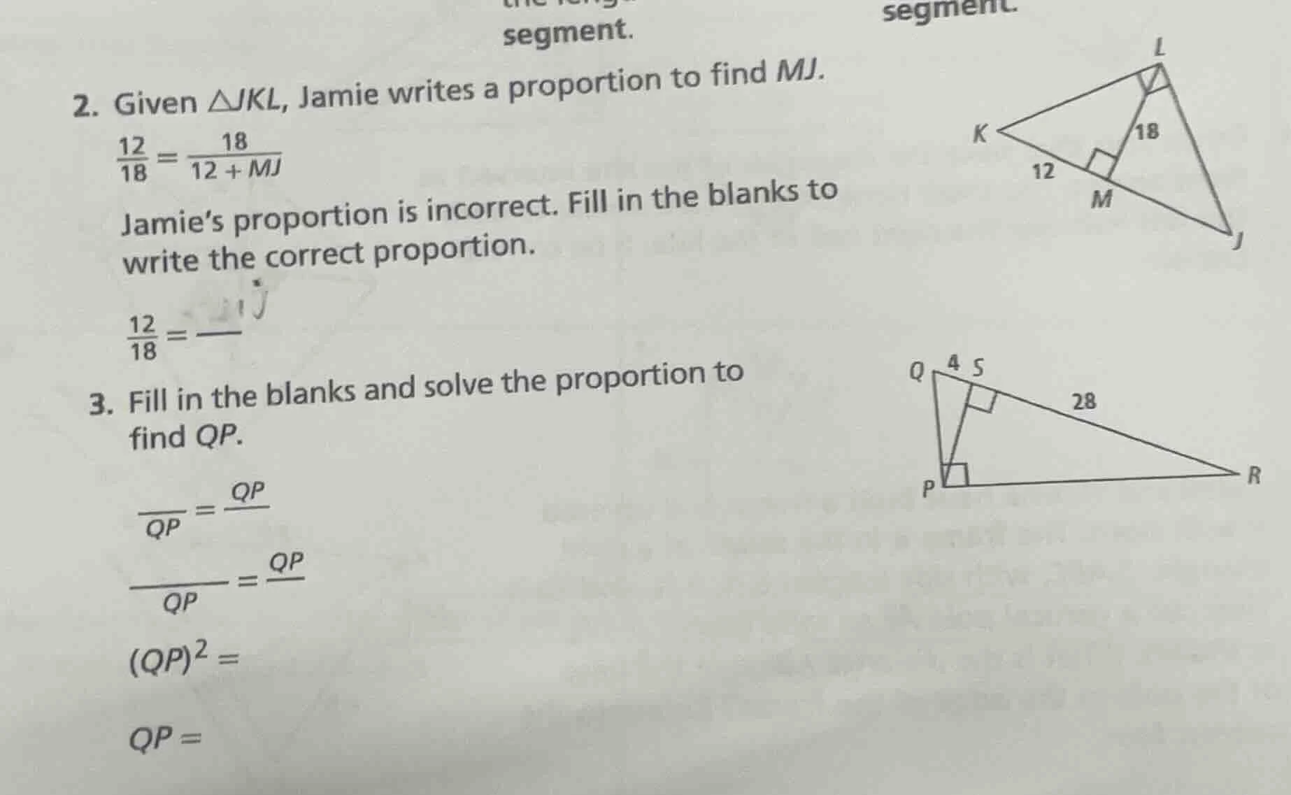 segment. 2. given $\\triangle jkl$, jamie writes a proportion to find $…