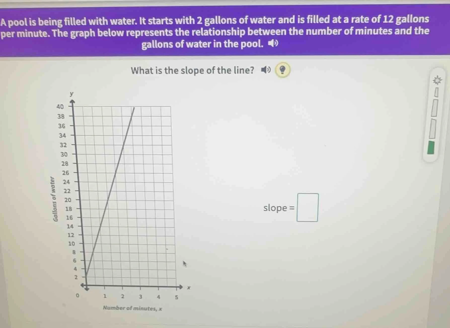 a pool is being filled with water. it starts with 2 gallons of water an…