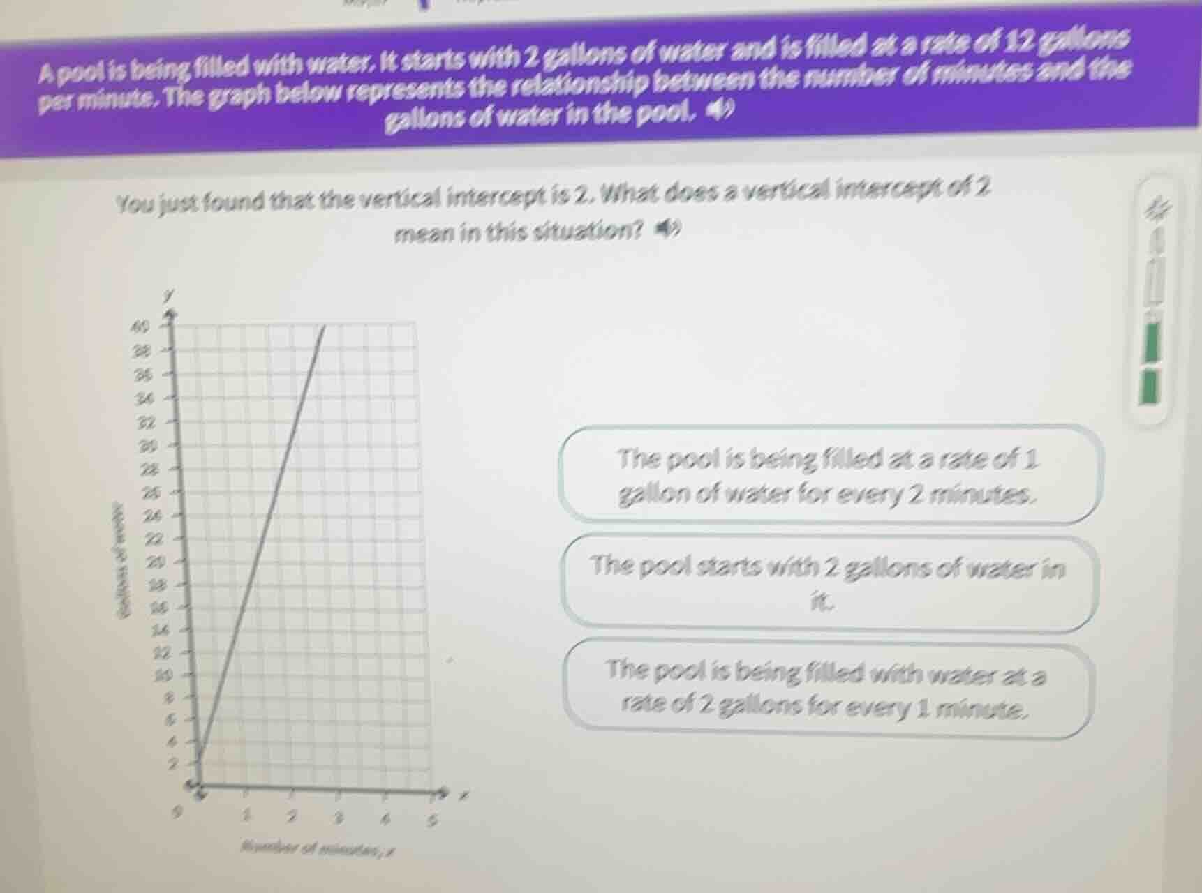 a pool is being filled with water. it starts with 2 gallons of water an…