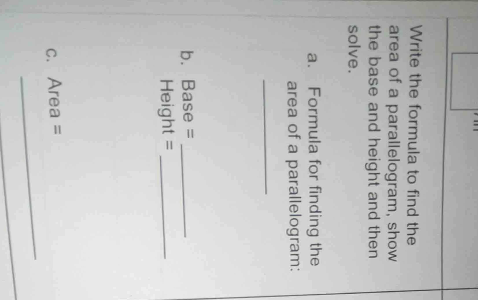 write the formula to find the area of a parallelogram, show the base an…