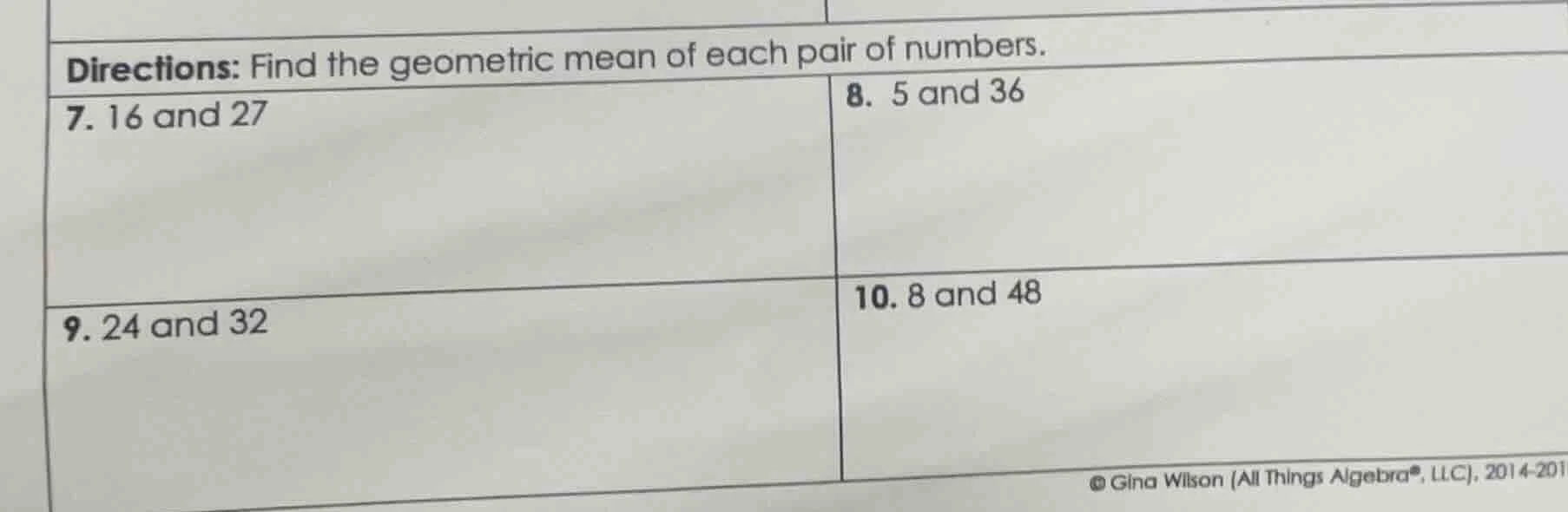 directions: find the geometric mean of each pair of numbers. 7. 16 and …