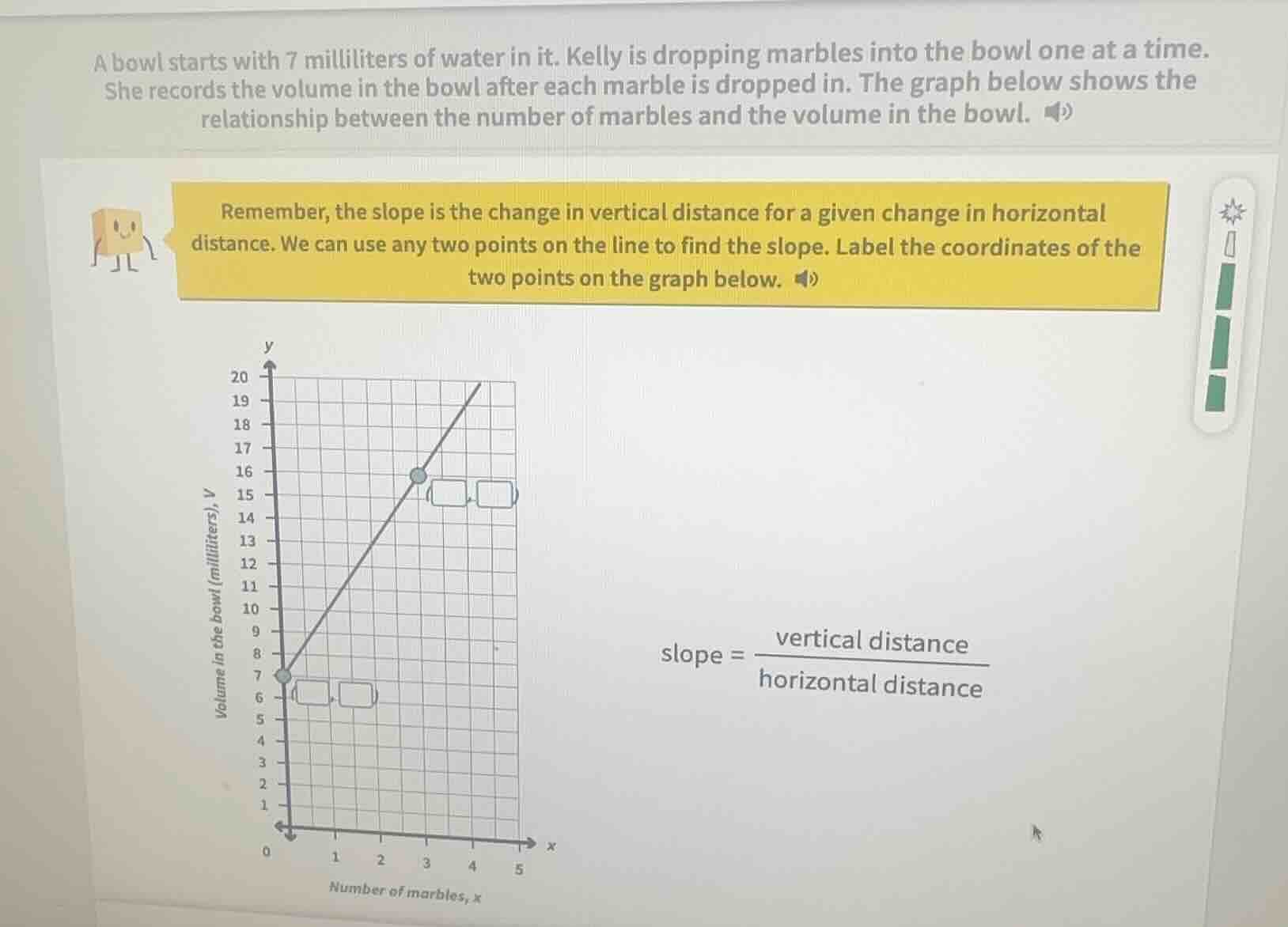 a bowl starts with 7 milliliters of water in it. kelly is dropping marb…