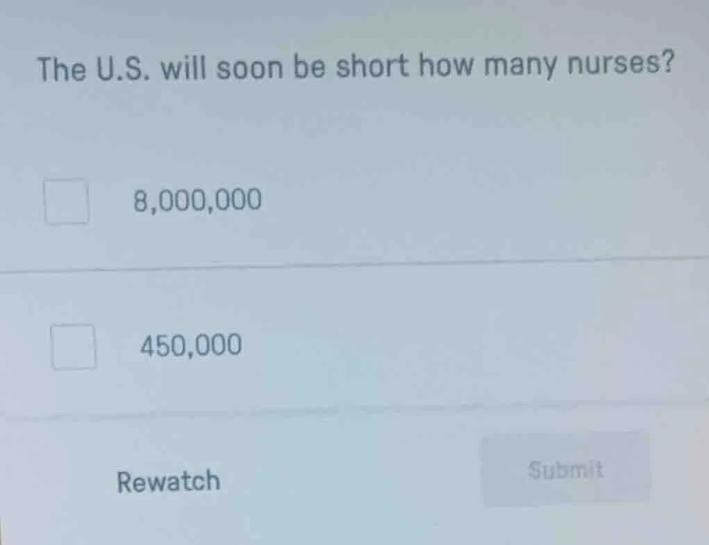 the u.s. will soon be short how many nurses? 8,000,000 450,000 rewatch …