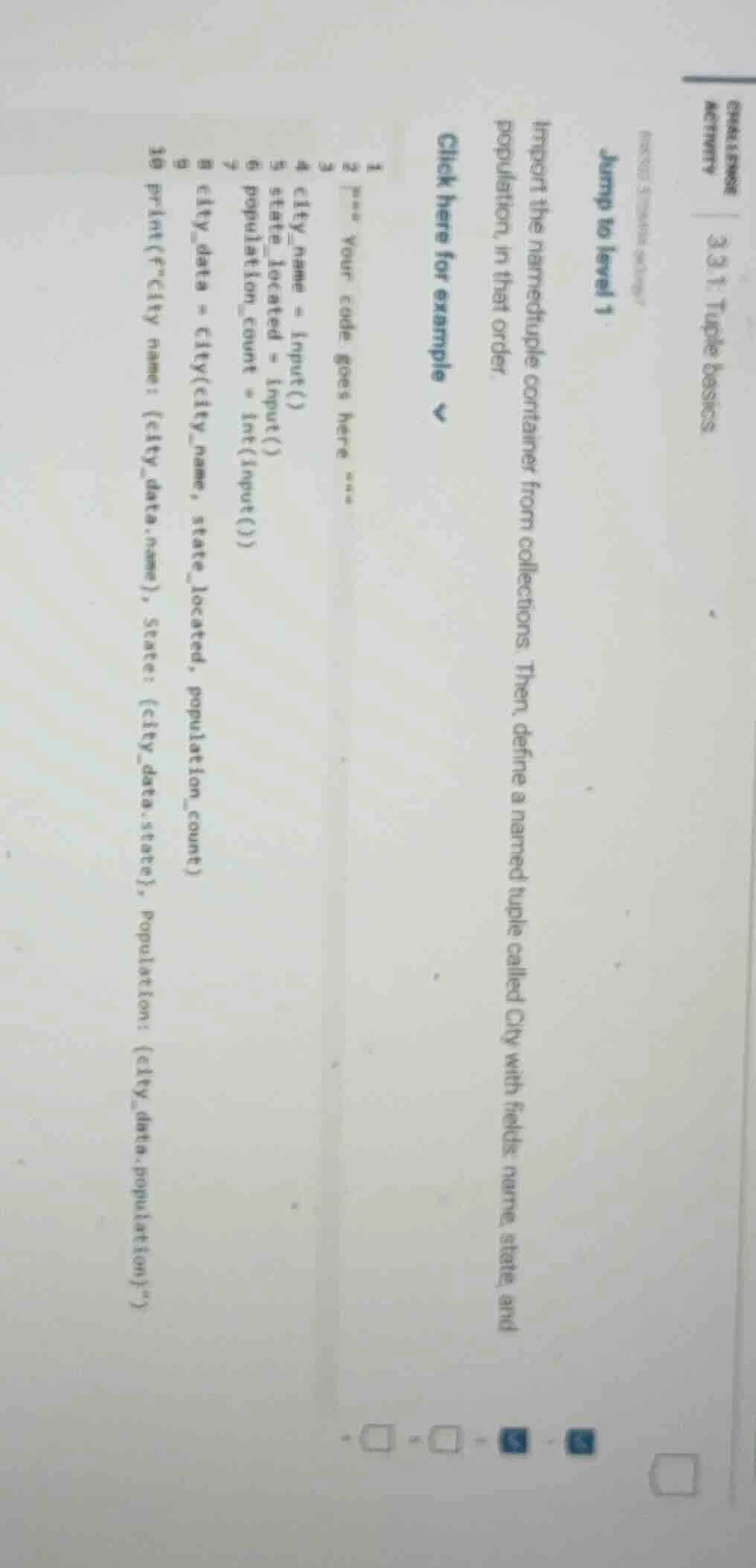 activity 3.3.1: tuple basics. import the namedtuple container from coll…