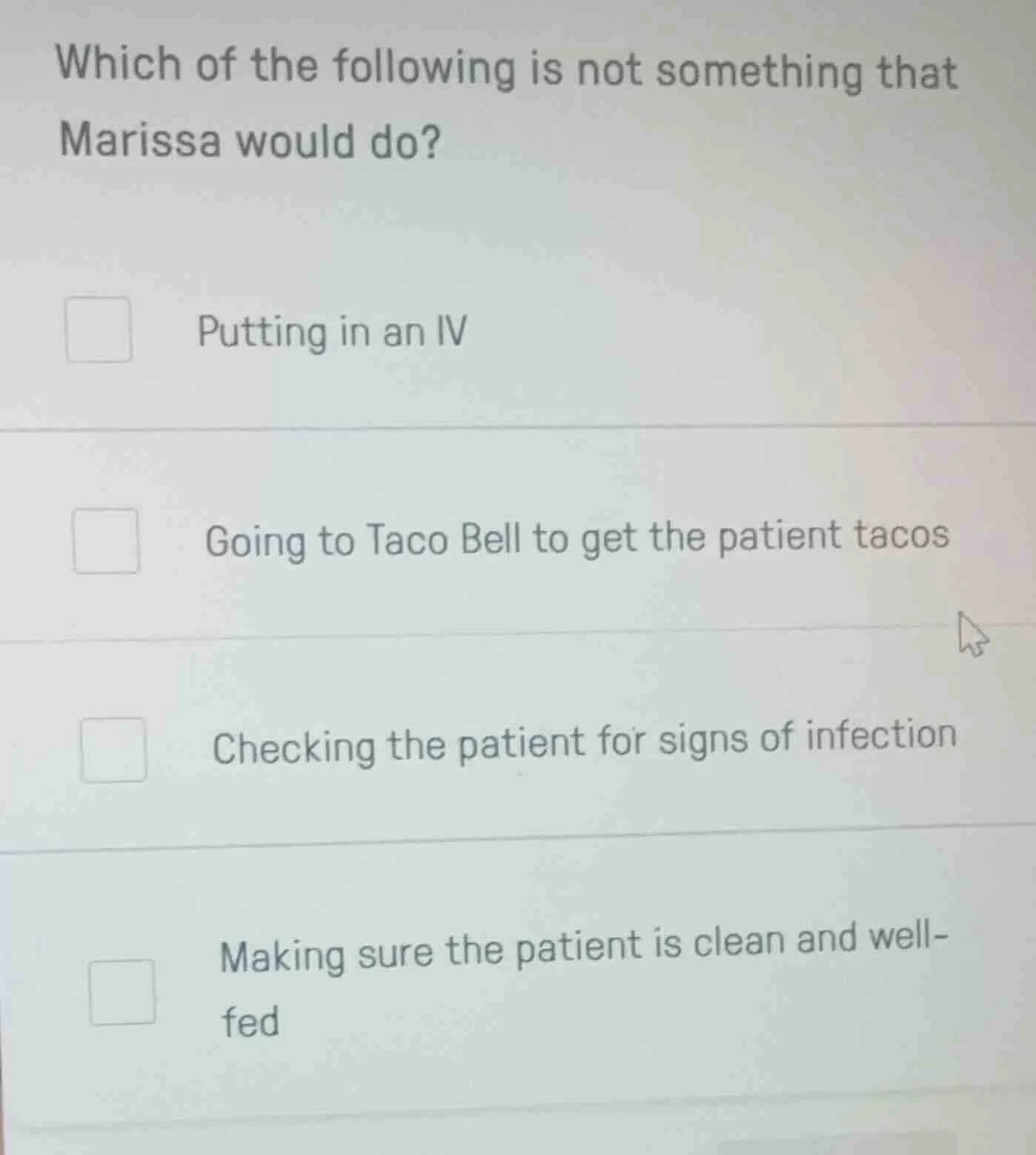 which of the following is not something that marissa would do? putting …