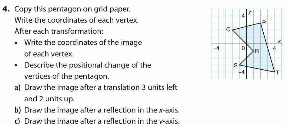 4. copy this pentagon on grid paper. write the coordinates of each vert…