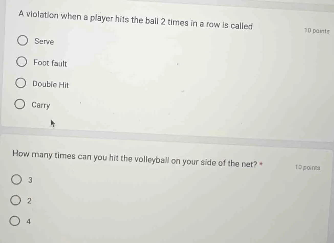 a violation when a player hits the ball 2 times in a row is called 10 p…