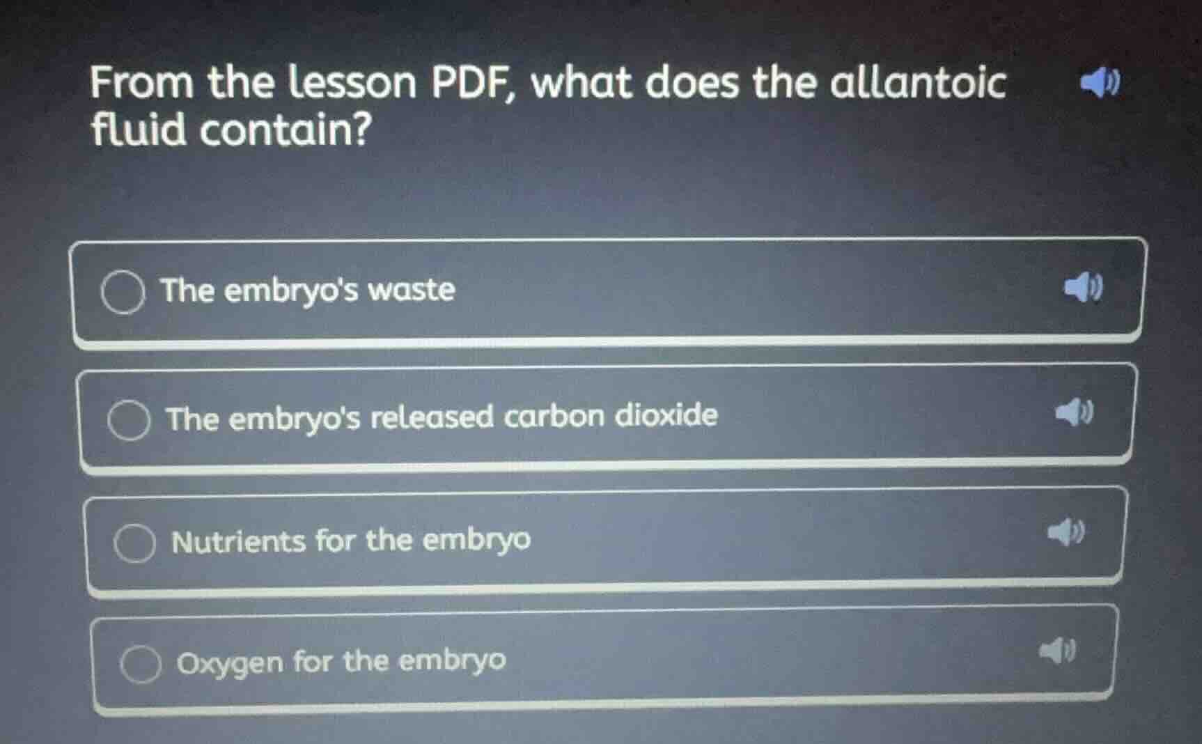 from the lesson pdf, what does the allantoic fluid contain? the embryos…