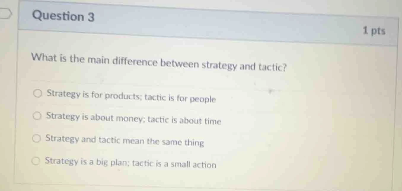 question 3 1 pts what is the main difference between strategy and tacti…
