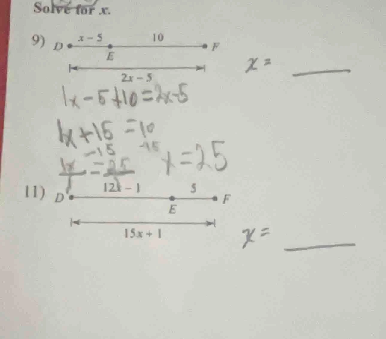 solve for x. 9) d • $\\boldsymbol{x - 5}$ • e $\\boldsymbol{10}$ • f $\…