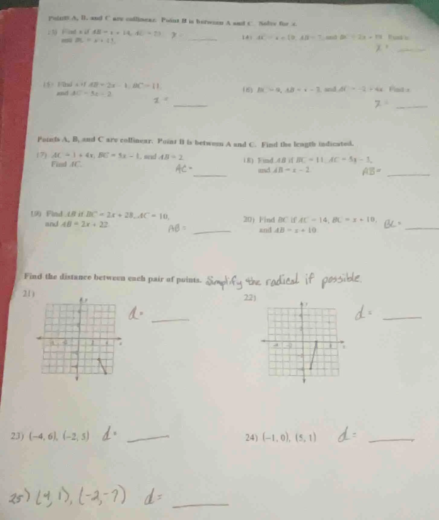 points a, b, and c are collinear. point b is between a and c. solve for…