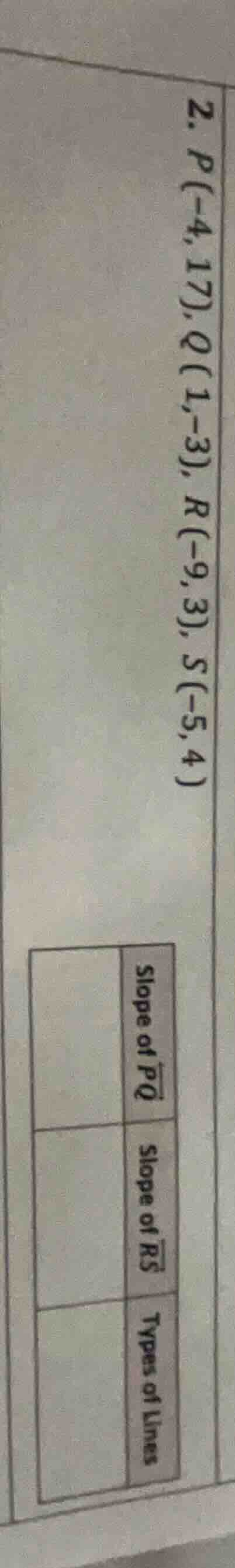 2. p(-4,17), q(1,-3), r(-9,3), s(-5,4) slope of (overline{pq}) slope of…