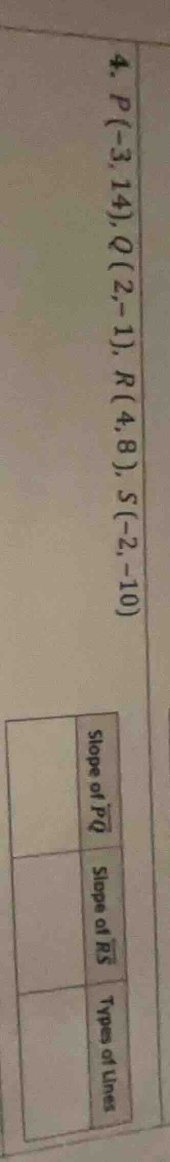 4. p(-3,14), q(2,-1), r(4,8), s(-2,-10) slope of (overline{pq}) slope o…