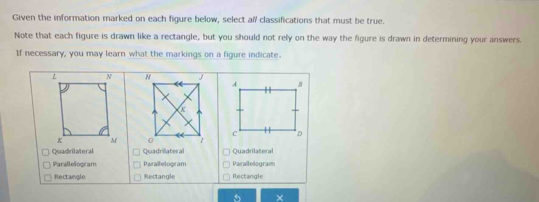given the information marked on each figure below, select all classific…