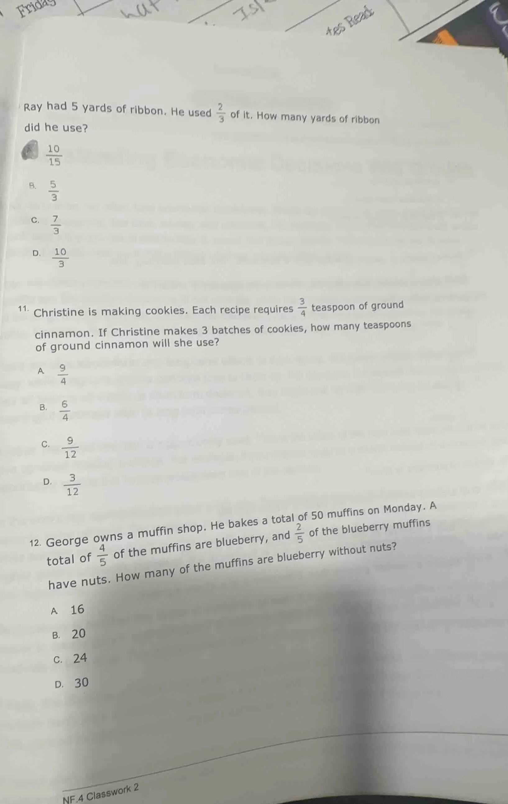 ray had 5 yards of ribbon. he used \\(\\frac{2}{3}\\) of it. how many y…