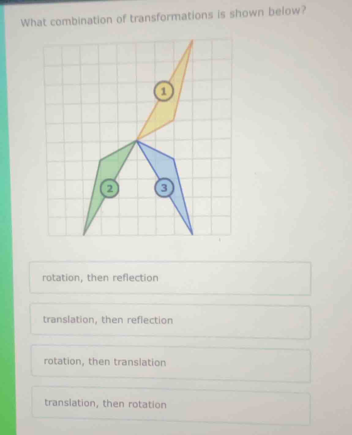 what combination of transformations is shown below? rotation, then refl…