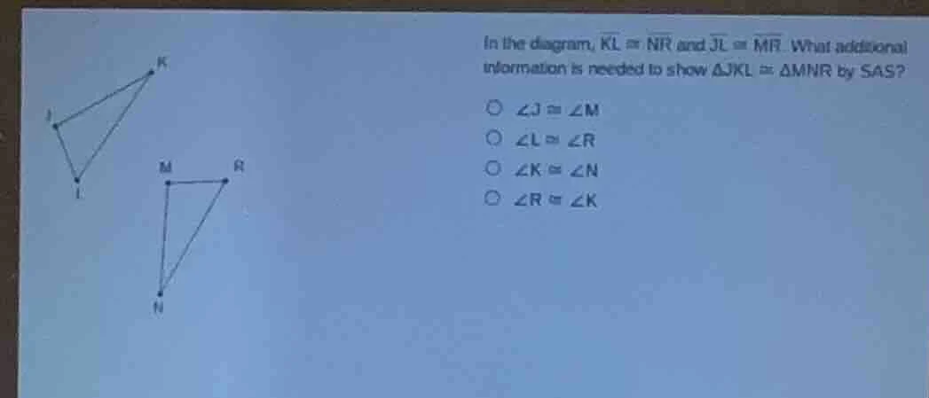 in the diagram, $overline{kl} cong overline{nr}$ and $overline{jl} cong…