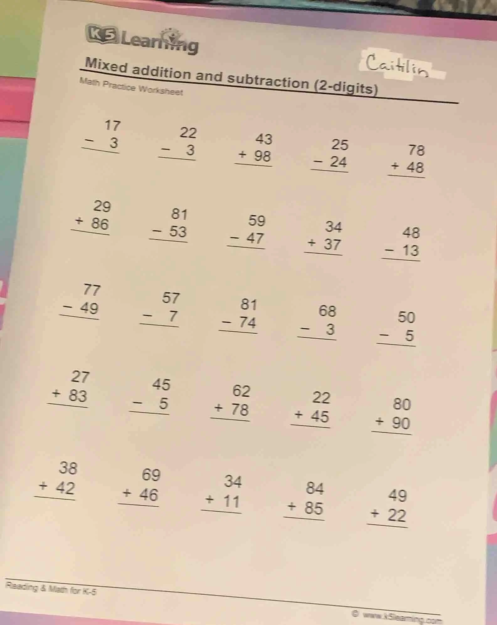 k5 learning mixed addition and subtraction (2 - digits) math practice w…