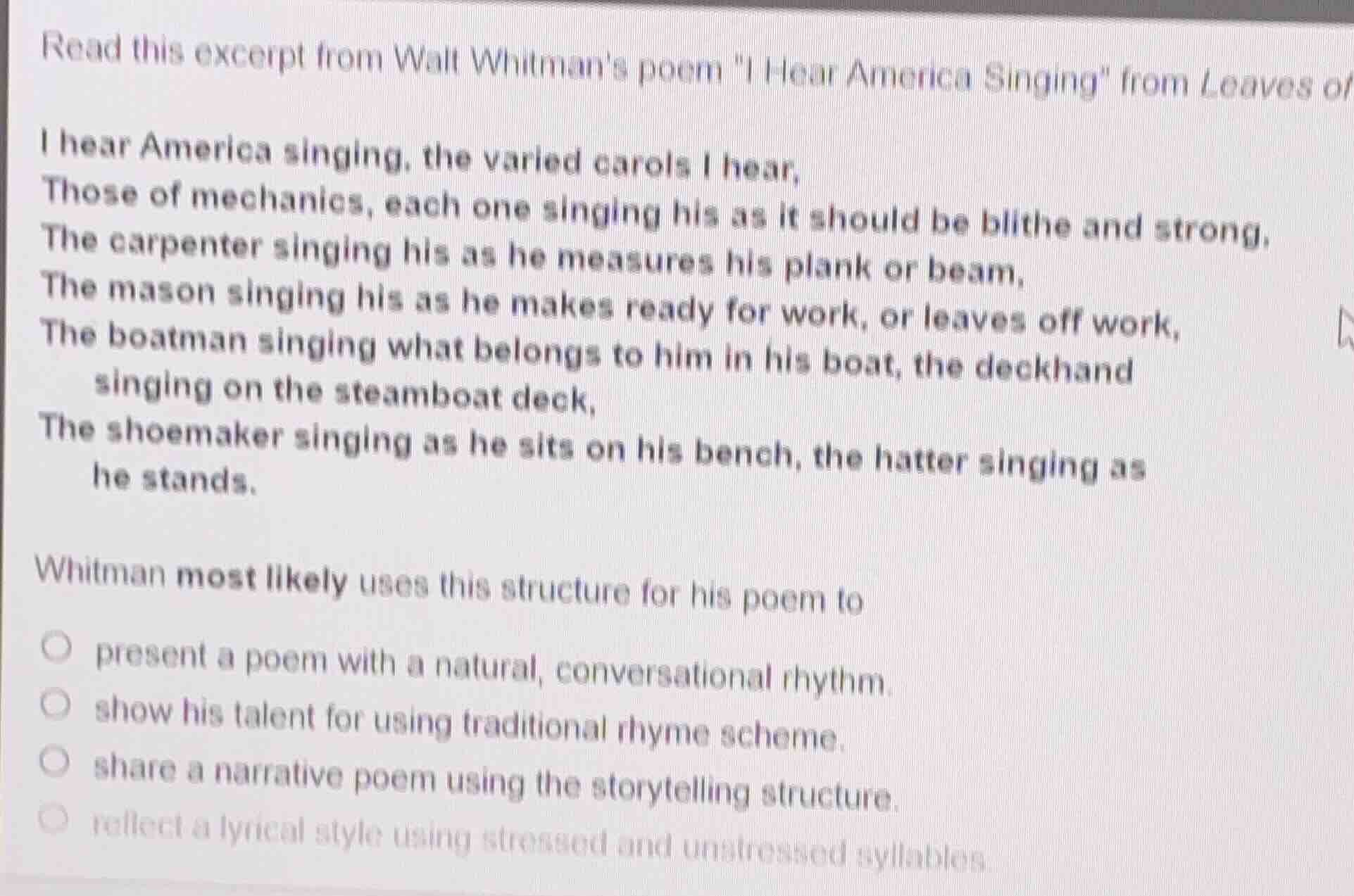 read this excerpt from walt whitmans poem \i hear america singing\ from…