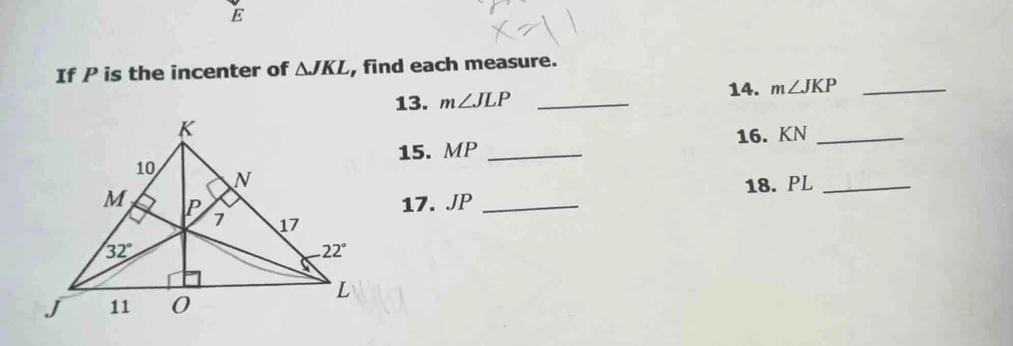 if p is the incenter of $\\triangle jkl$, find each measure. 13. $m\\an…