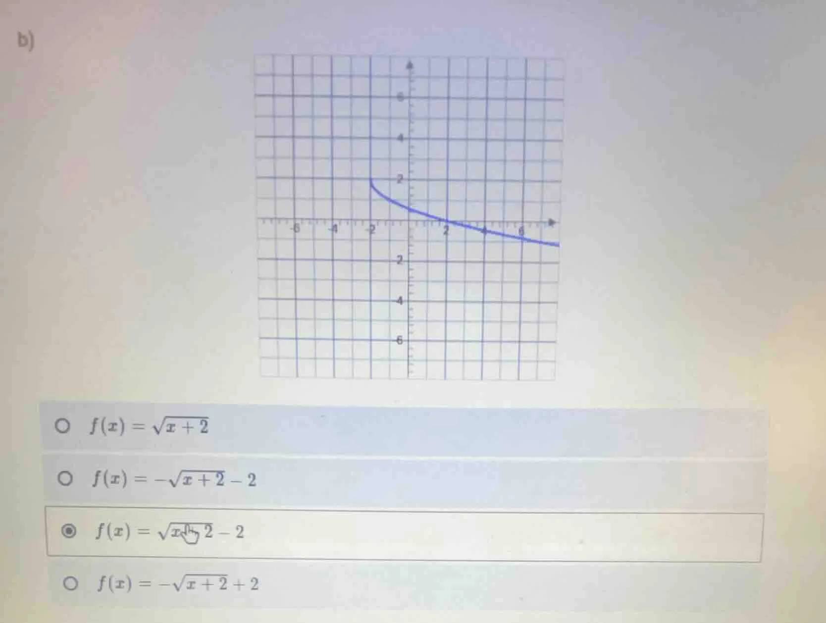 b) \\(\\boldsymbol{f(x) = \\sqrt{x + 2}}\\) \\(\\boldsymbol{f(x) = -\\s…