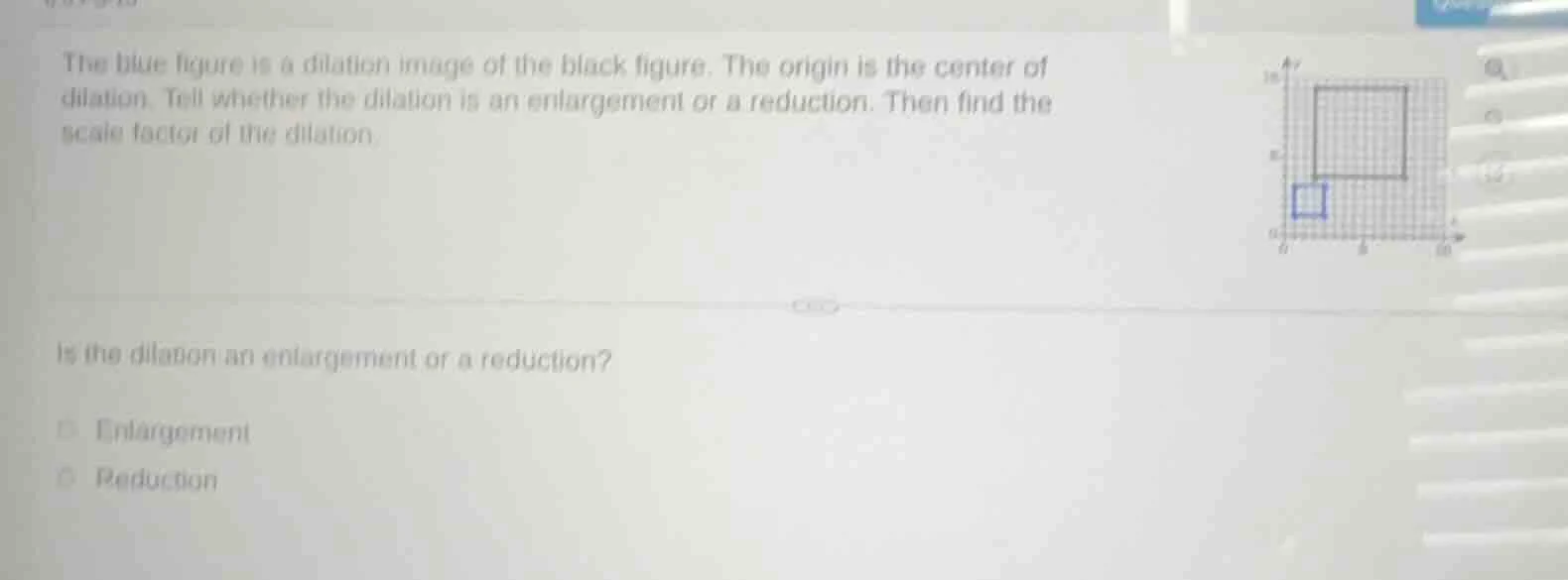 the blue figure is a dilation image of the black figure. the origin is …