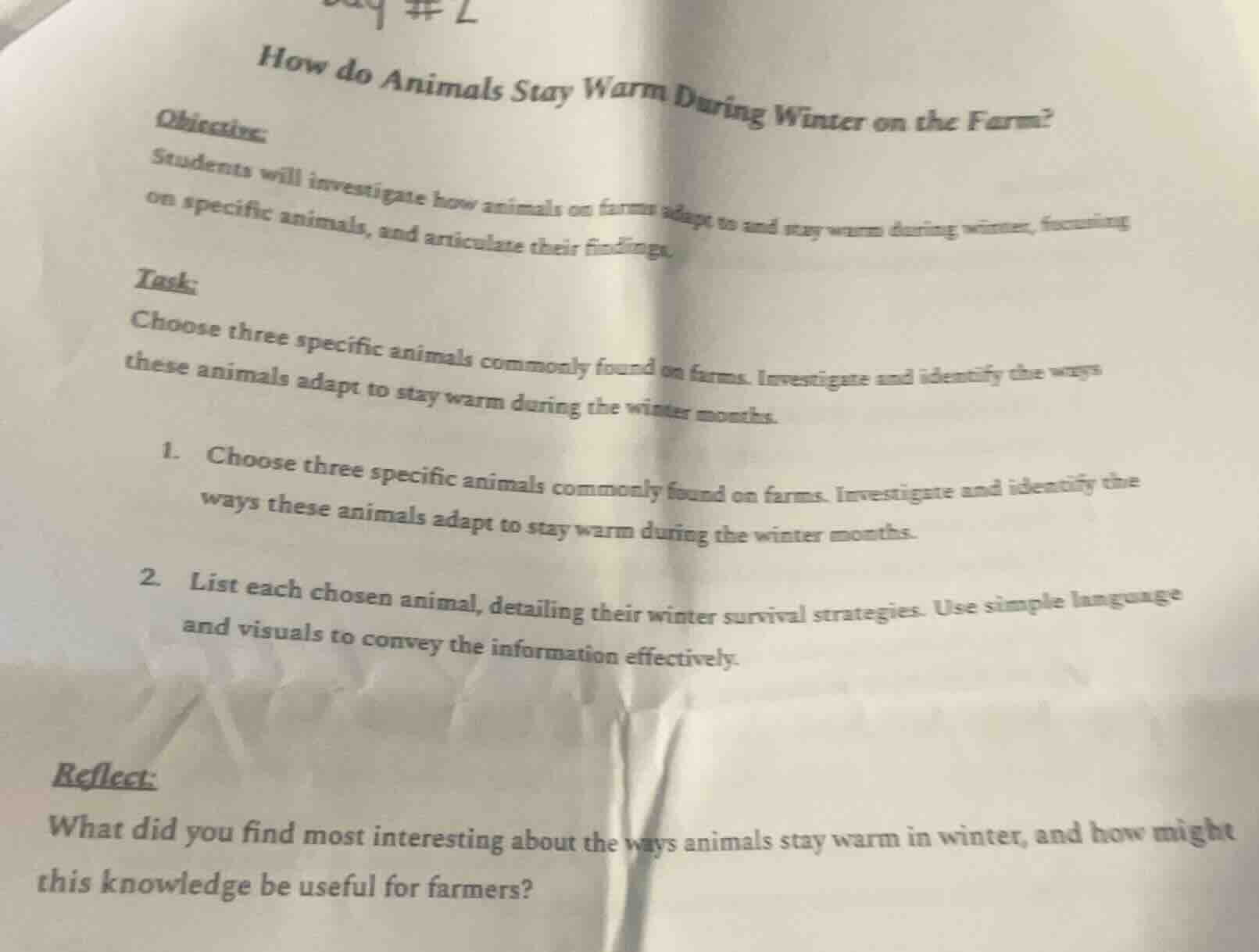 day #2 how do animals stay warm during winter on the farm? objective: s…