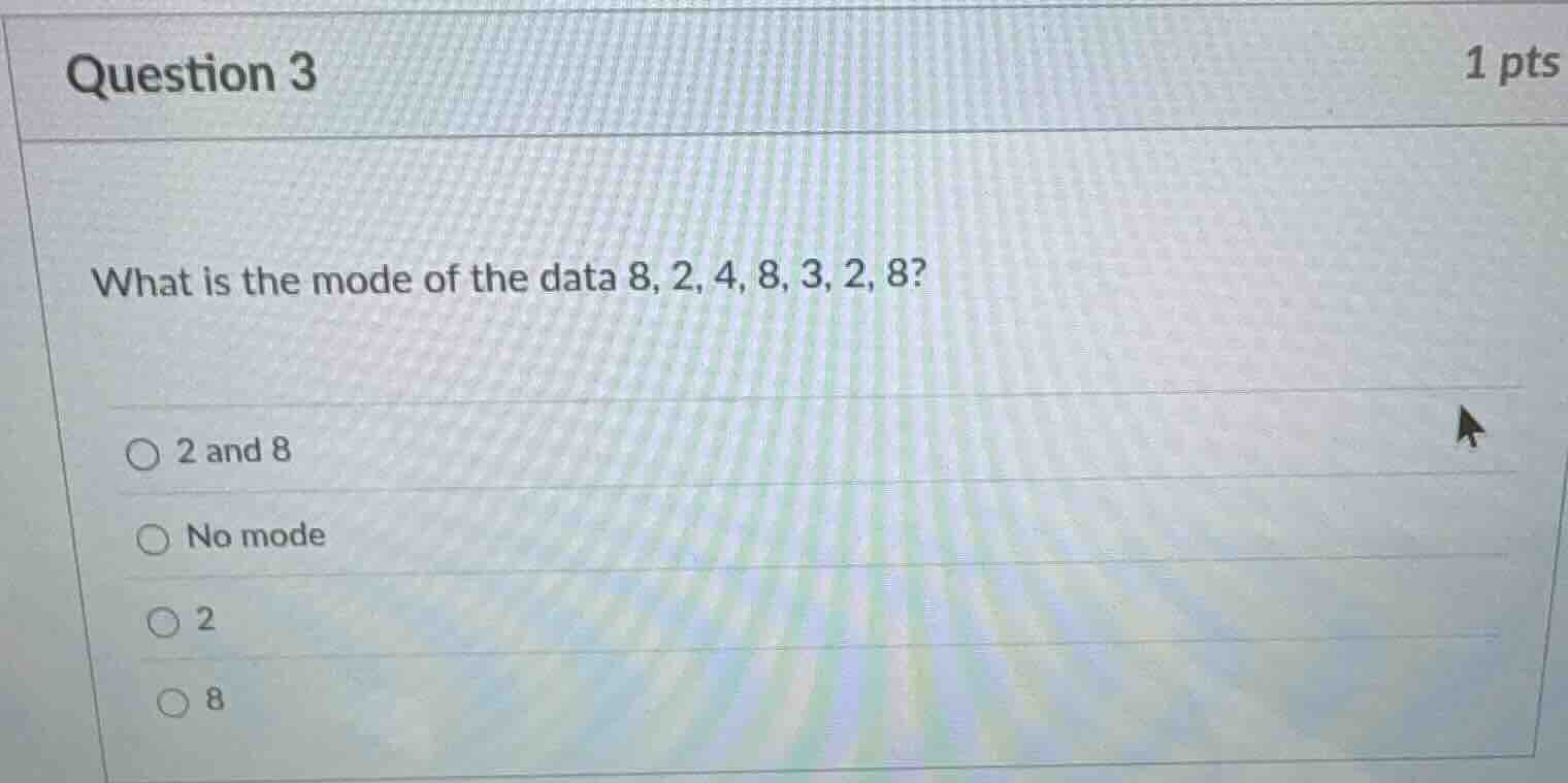 question 3 1 pts what is the mode of the data 8, 2, 4, 8, 3, 2, 8? 2 an…