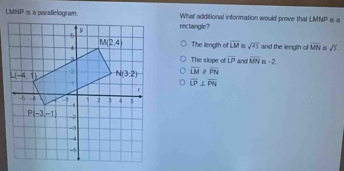 lmnp is a parallelogram. what additional information would prove that l…