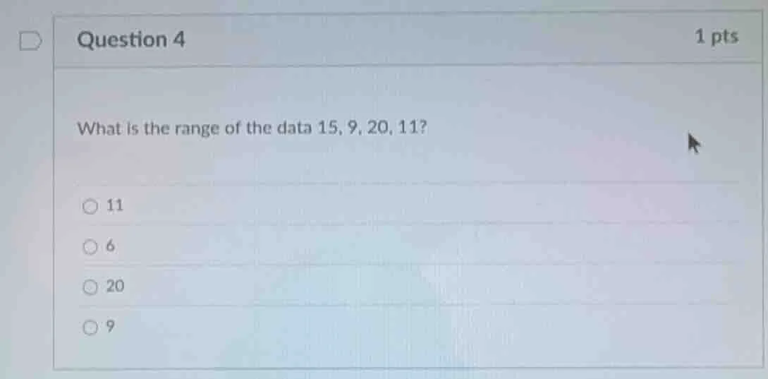question 4 1 pts what is the range of the data 15, 9, 20, 11? 11 6 20 9