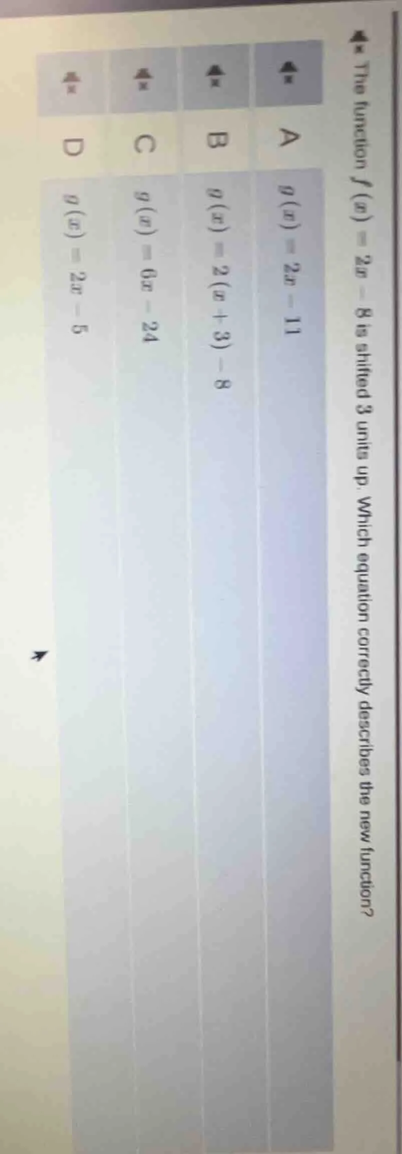the function ( f(x) = 2x - 8 ) is shifted 3 units up. which equation co…