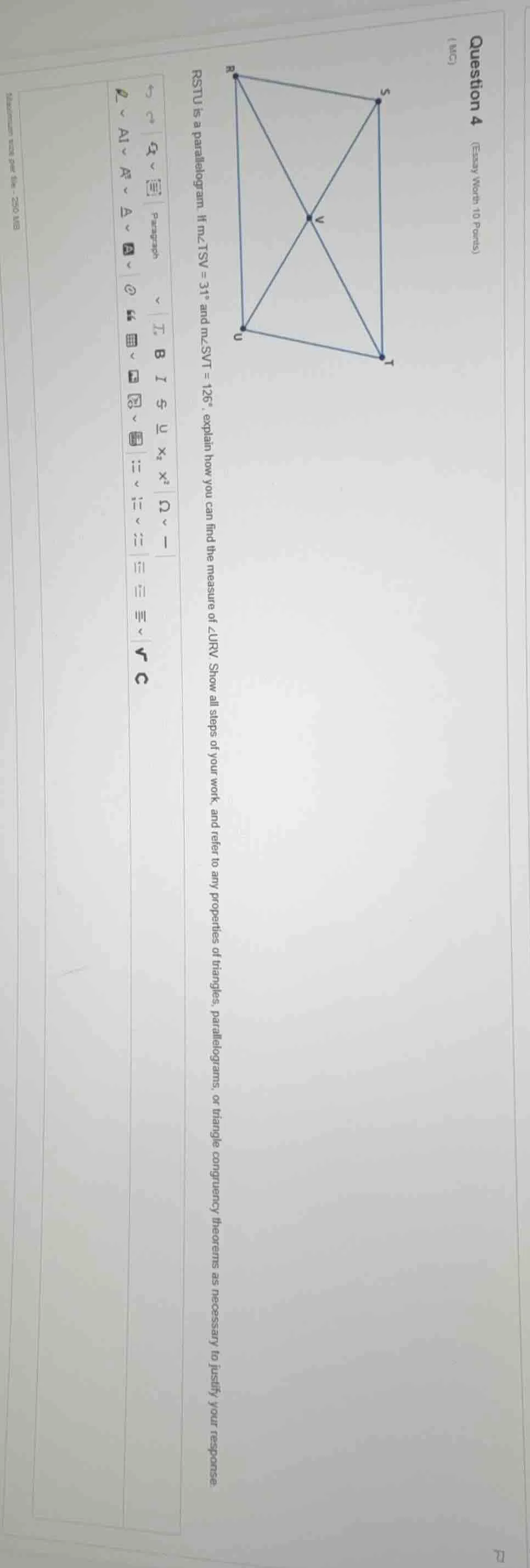 question 4 (essay worth 10 points) (wc) rstu is a parallelogram. if m∠t…