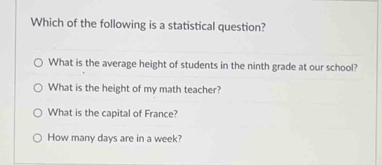 which of the following is a statistical question? ○ what is the average…