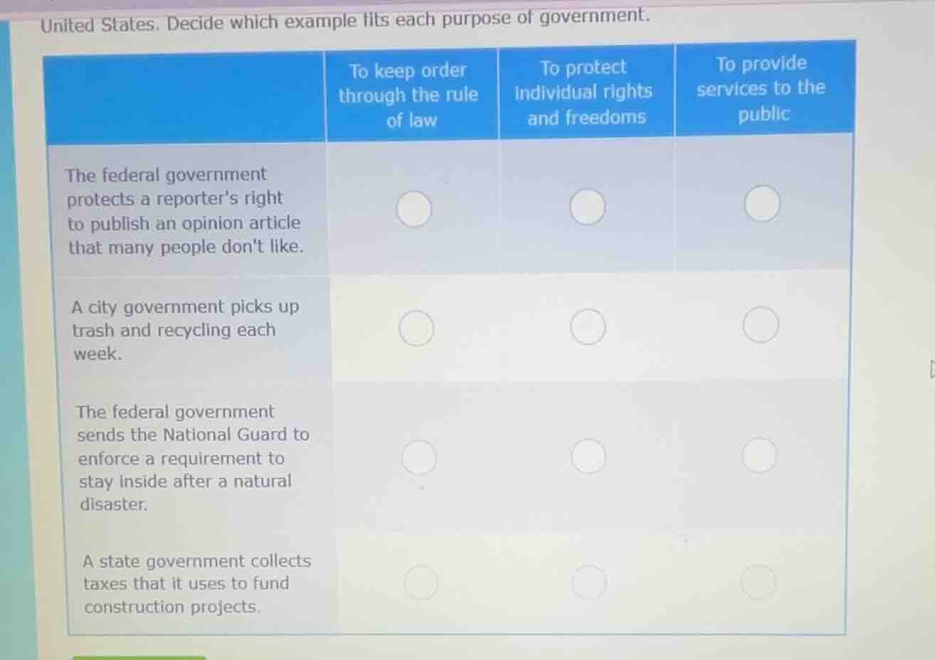 united states. decide which example fits each purpose of government. th…