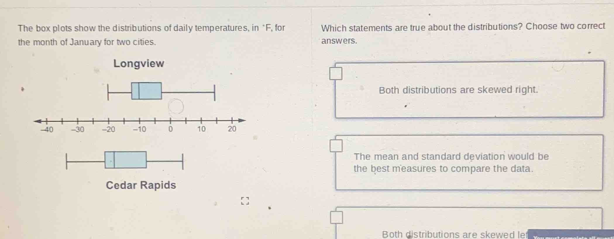 the box plots show the distributions of daily temperatures, in °f, for …