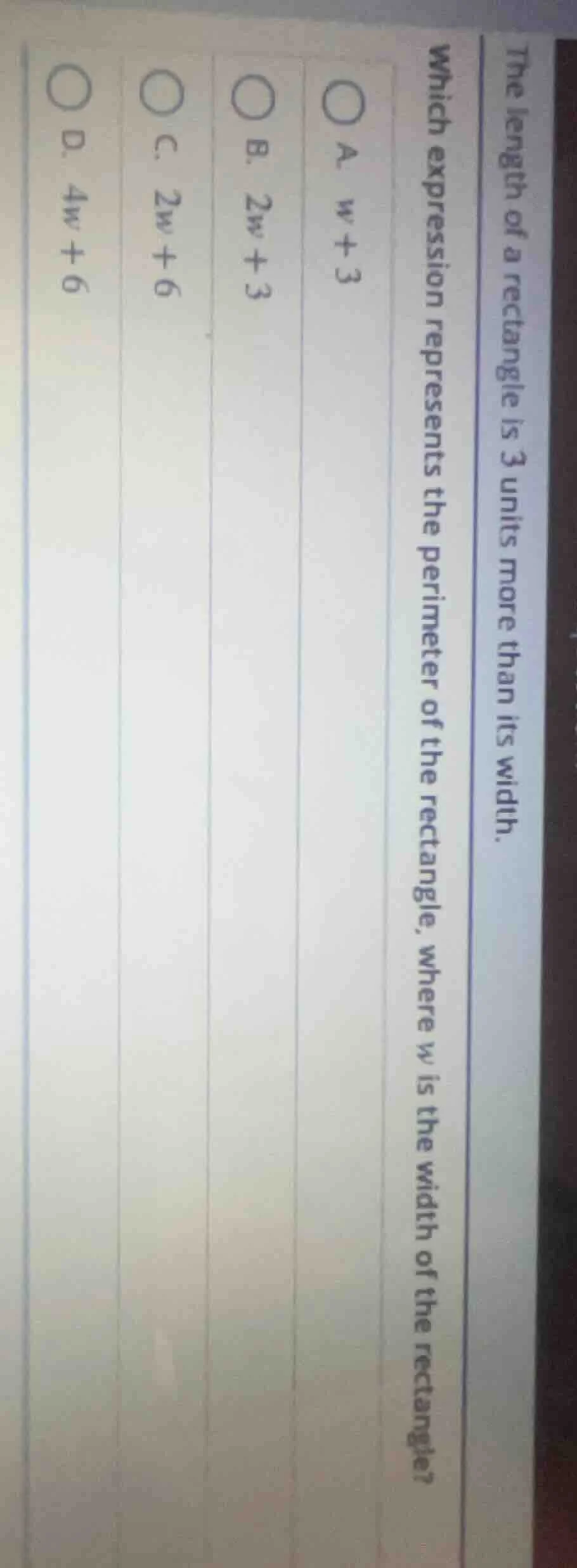 the length of a rectangle is 3 units more than its width. which express…