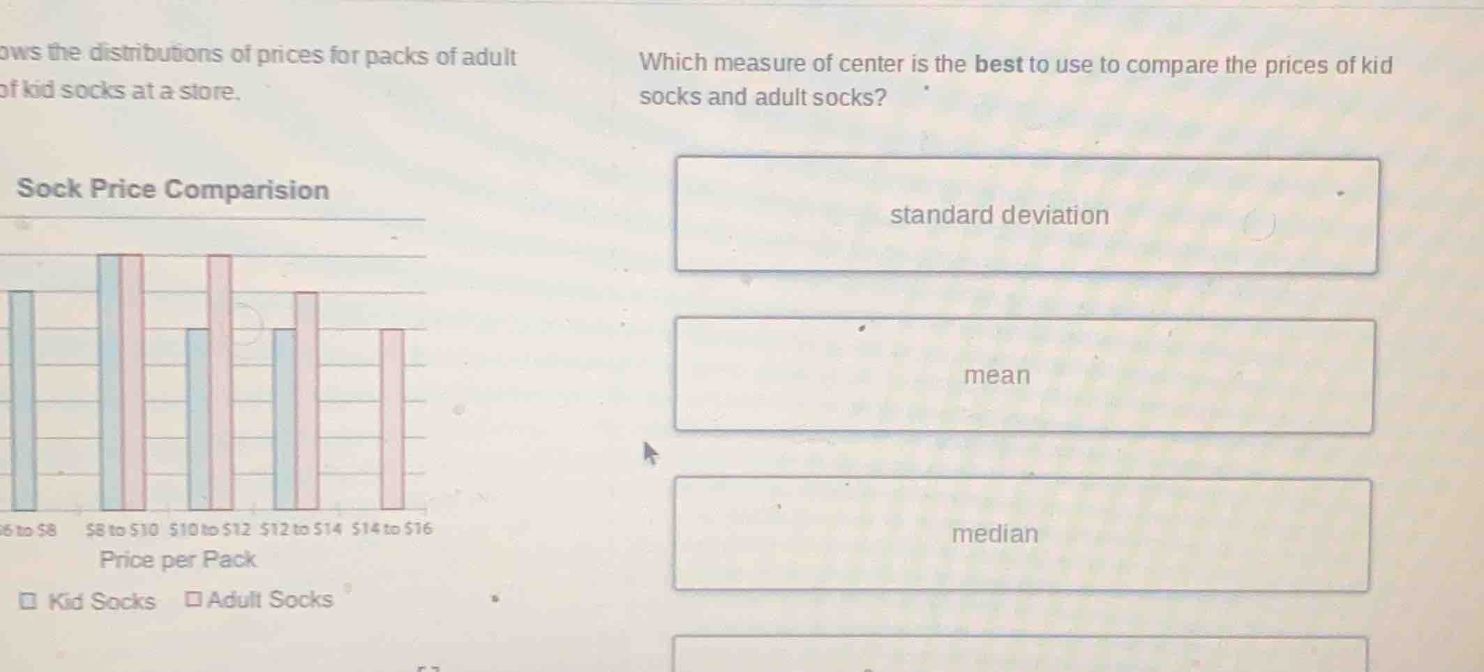 shows the distributions of prices for packs of adult of kid socks at a …