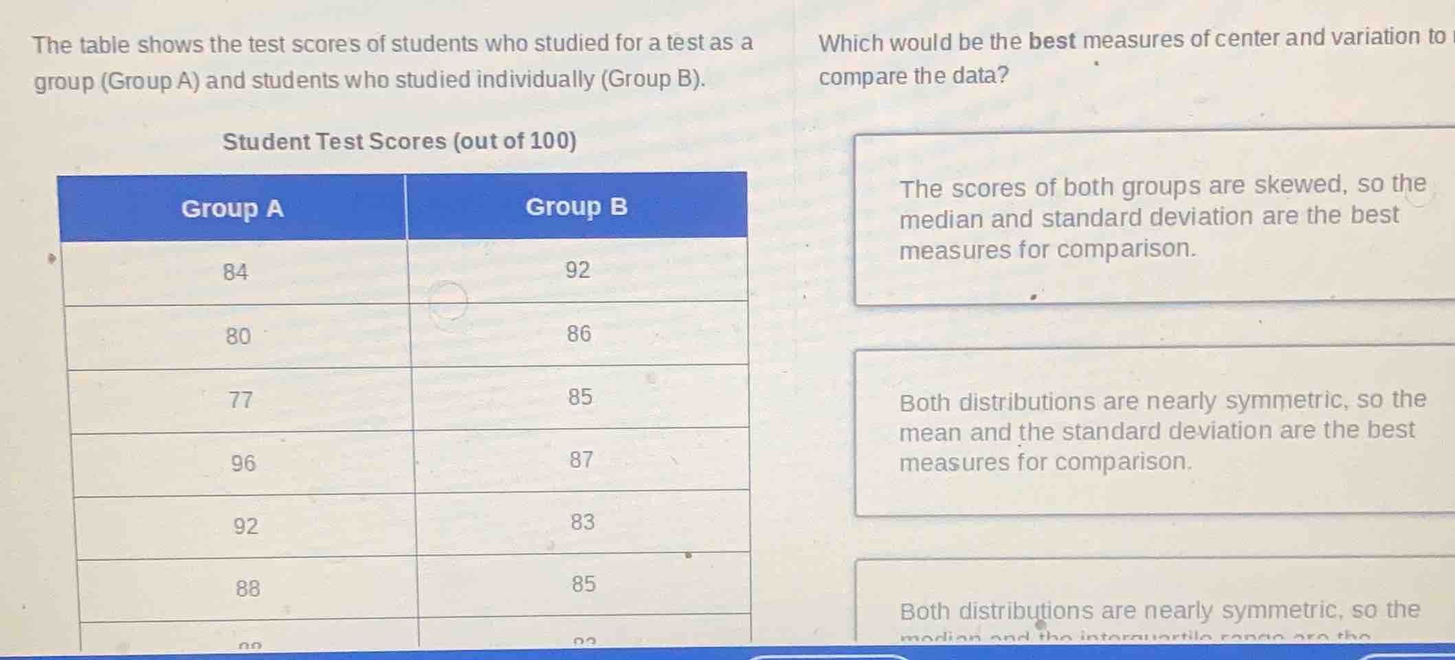 the table shows the test scores of students who studied for a test as a…