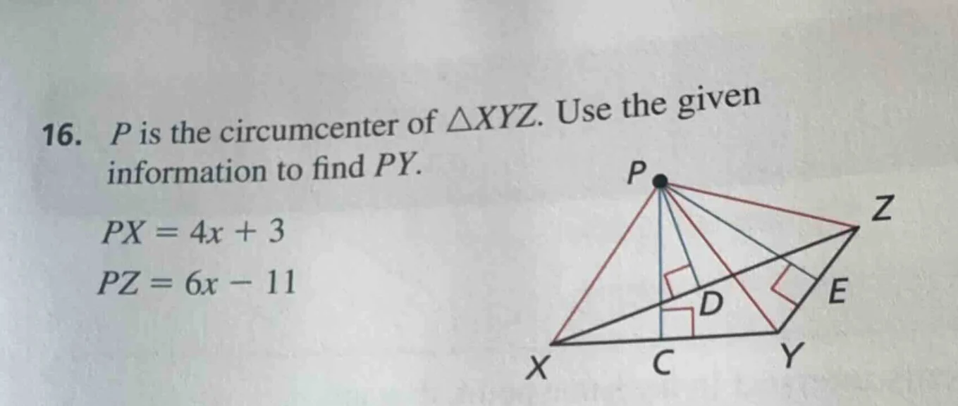 16. p is the circumcenter of $\\triangle xyz$. use the given informatio…