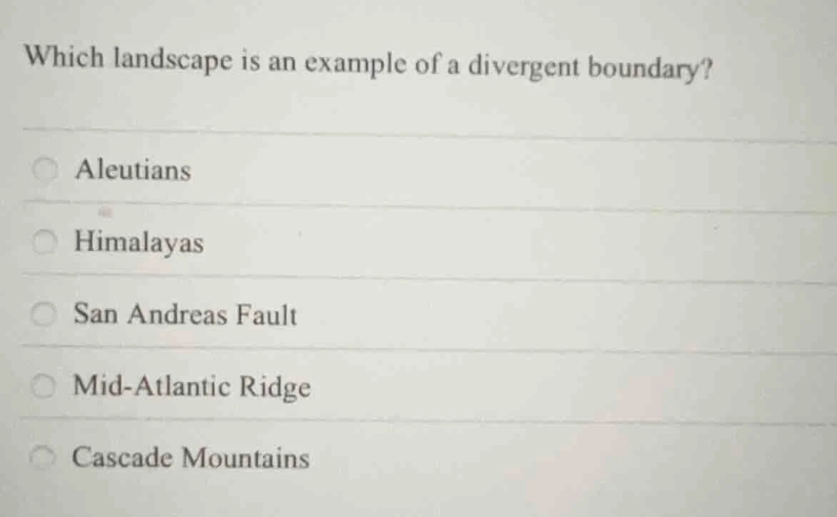 which landscape is an example of a divergent boundary? aleutians himala…