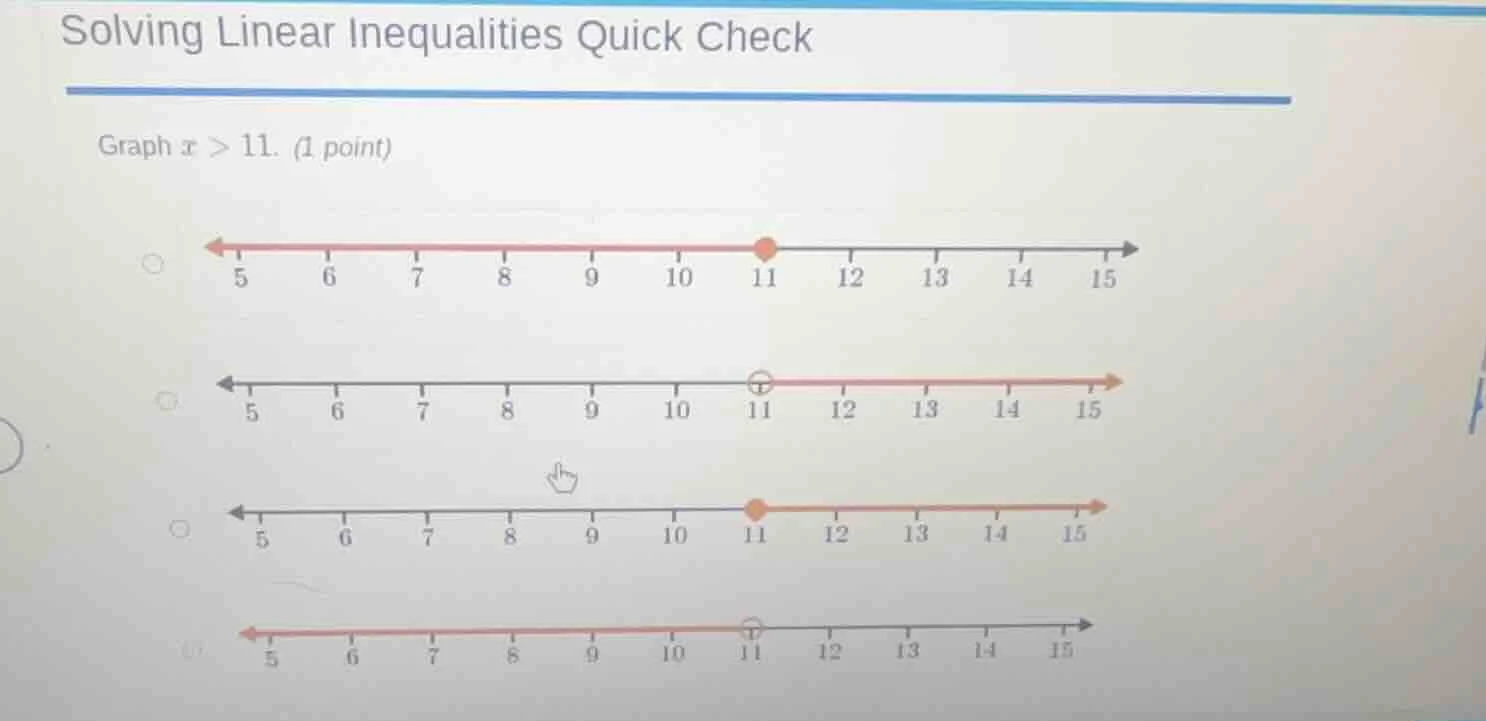 solving linear inequalities quick check graph ( x > 11 ). (1 point) fou…