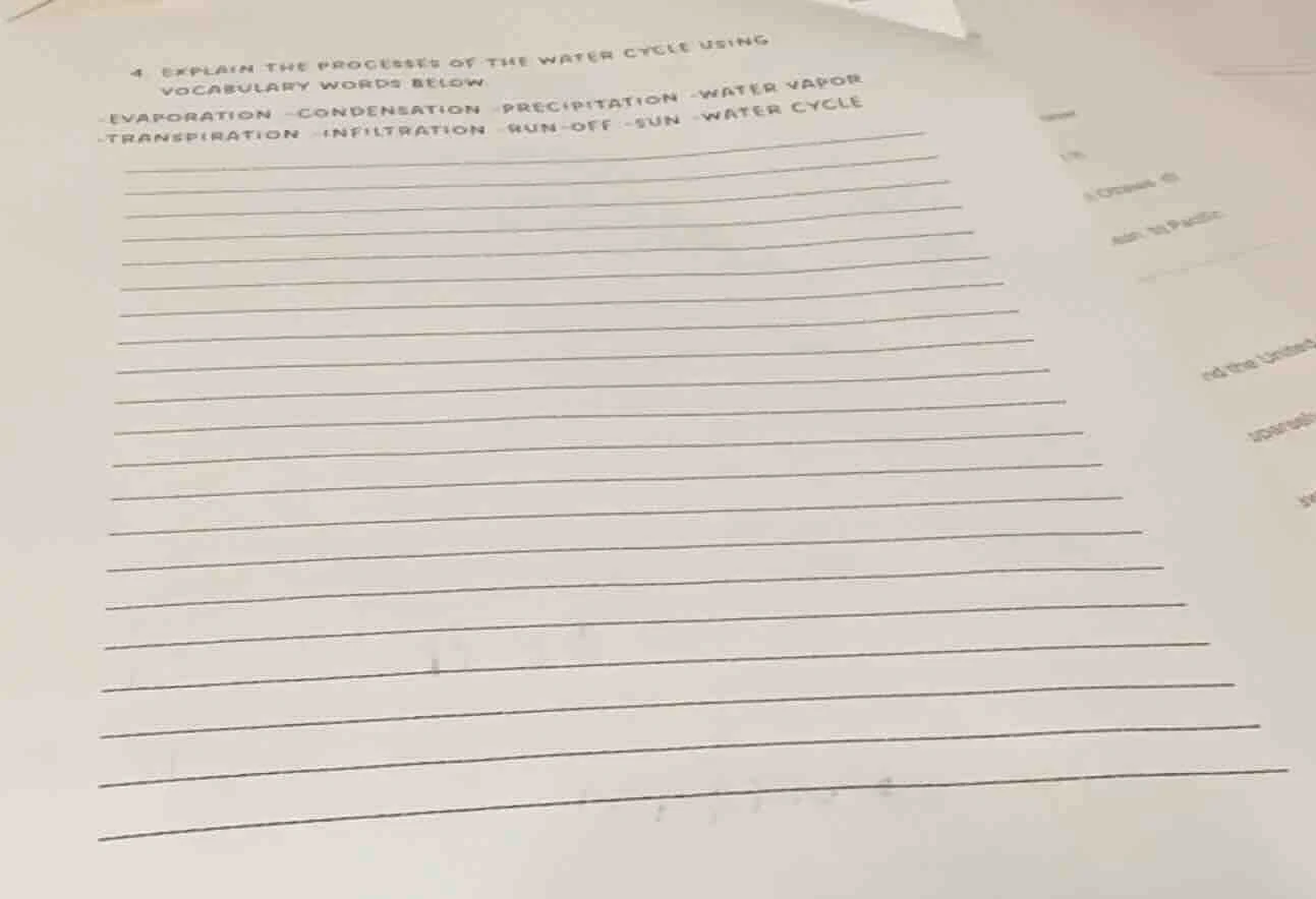 4 explain the processes of the water cycle using vocabulary words below…