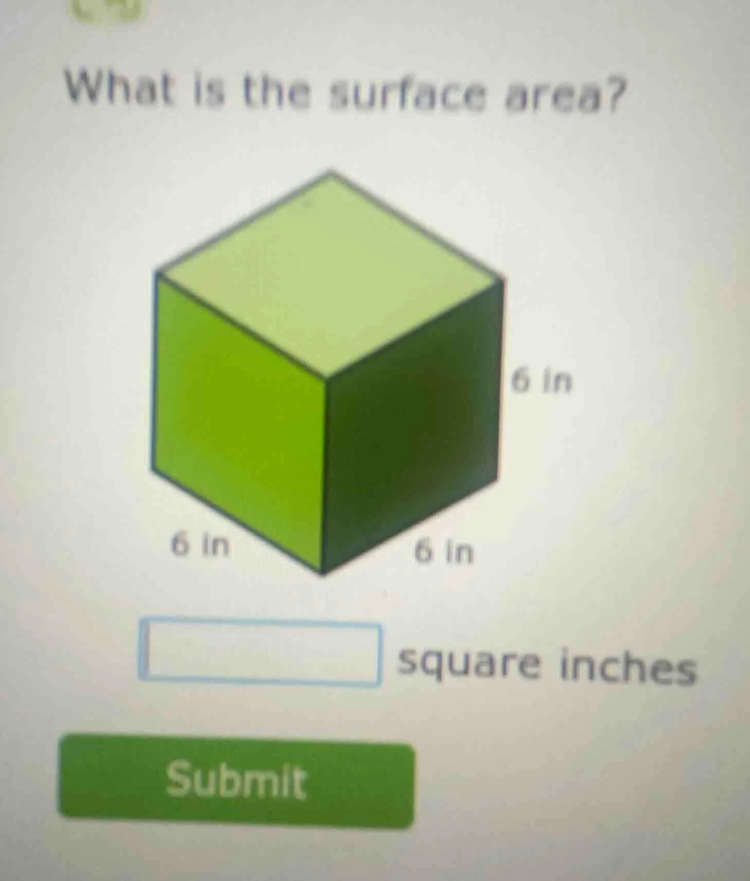 what is the surface area? 6 in 6 in 6 in square inches submit