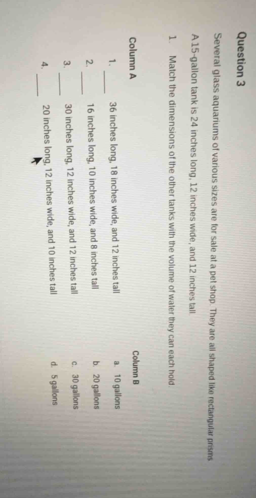 question 3 several glass aquariums of various sizes are for sale at a p…