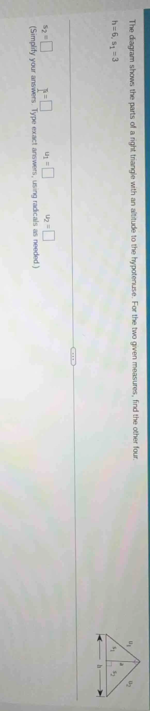 the diagram shows the parts of a right triangle with an altitude to the…