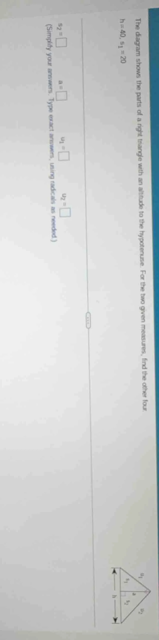 the diagram shows the parts of a right triangle with an altitude to the…