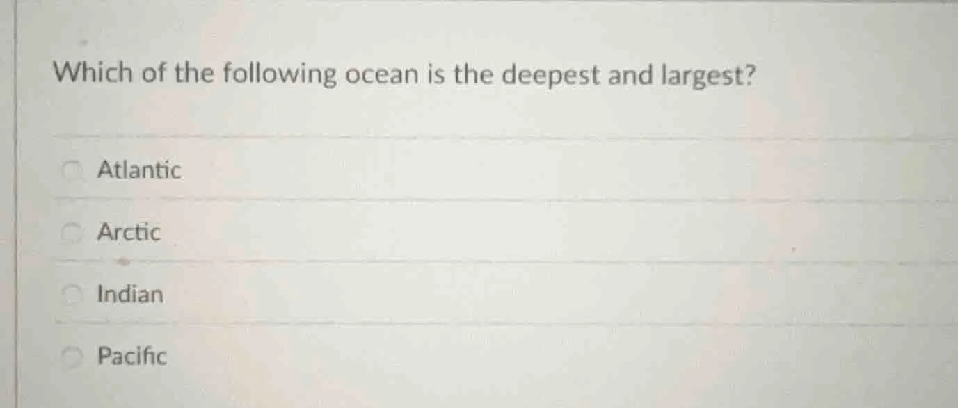 which of the following ocean is the deepest and largest? atlantic arcti…