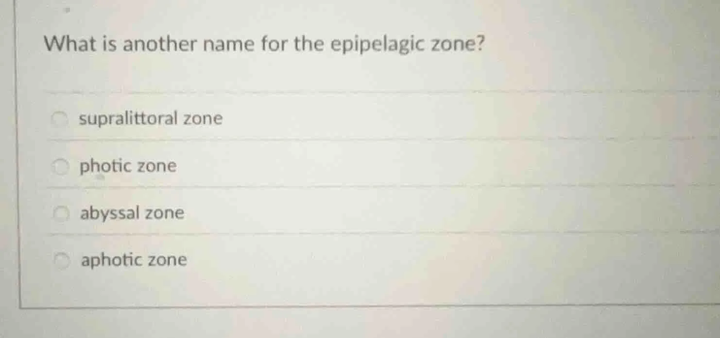 what is another name for the epipelagic zone? supralittoral zone photic…